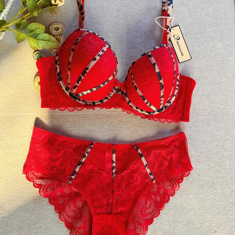Europe Sexy Push Up Bra Set Women Lace Embroidery Lingerie Fashion Leopard Print Adjustable Strap Bra DE Cup Plus Size Underwear