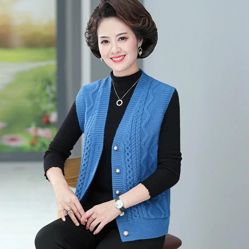 Spring Autumn Women V-Neck Knitted Cardigan Sweater Coat Fashion Solid Grandma Sleeveless Jacket Women Waistcoat