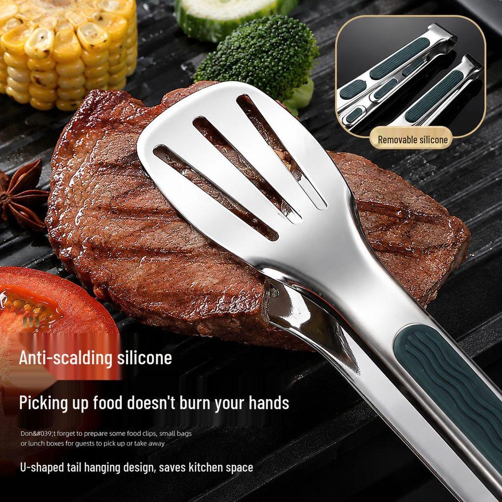 304 Stainless Steel Thickened Anti-Scald Tongs for Steak, BBQ, Baking, and Bread