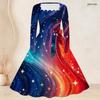 Plus Size Women Square Neck Long Sleeve Dress With Belt Dark Cosmic Galaxy Planet Golden Brush Print Swing Dress