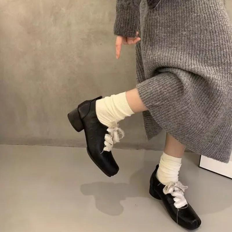 Women's Fashion Thick Heel Shoes Spring New Square Head Front Lacing Anti-slip Wear-resistant High Heels