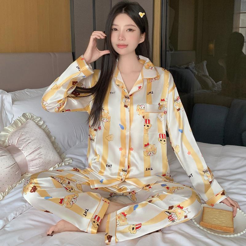 Silky Ice Silk Pajamas Women'S Spring And Autumn Cartoon Jiyika Wow Small Eight Long-Sleeved Casual Loungewear Two-Piece Set