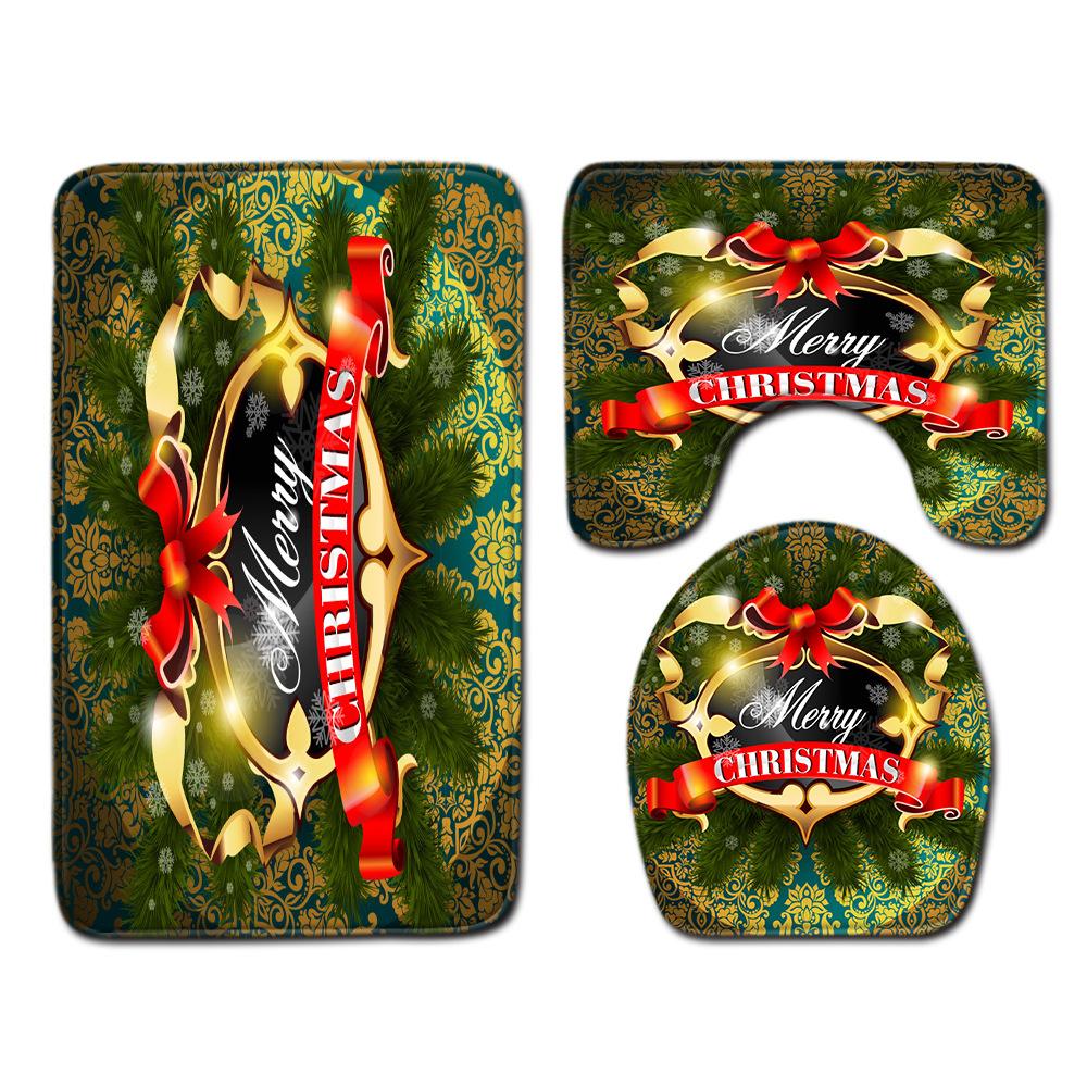 Christmas Shower Curtain Floor Mat Combination Four-Piece Set Bathroom Toilet Carpet Shower Room Mat Foot Mat