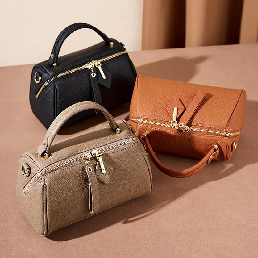 Genuine Leather Ladies' Bag  New Retro Simple Classic Boston Handbag Cowhide Diagonal Shoulder Bag