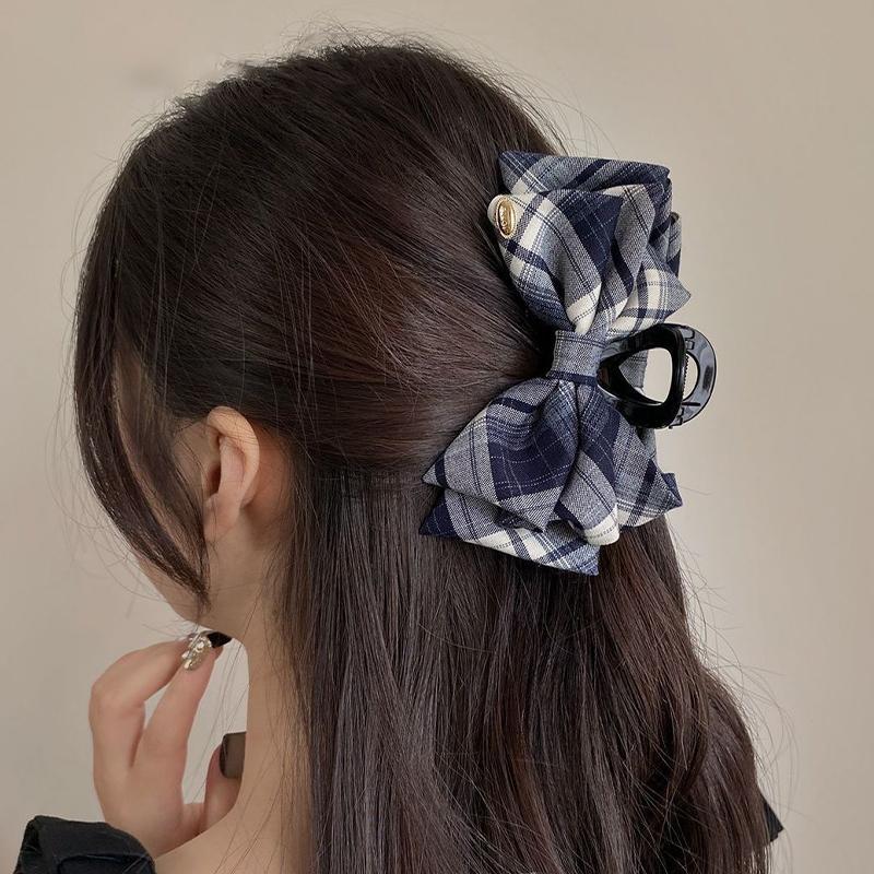 Retro Plaid Shark Clip Korean Temperament Bow Ponytail Clip Hair Accessories