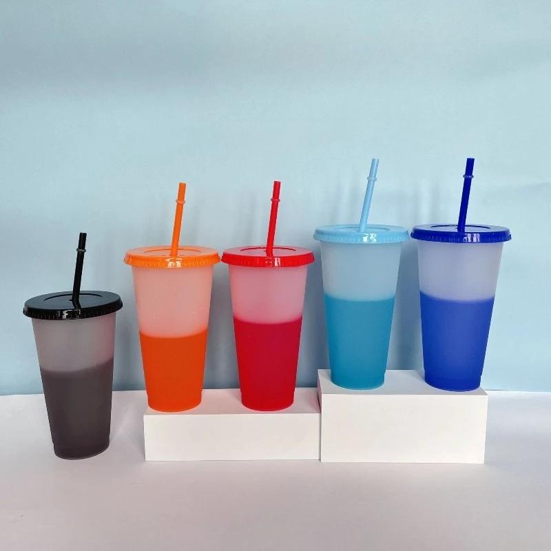 Hot 710ML PP Temperature Sensitive Color Changing Plastic Cup 24oz Large Capacity Water Cup Single-layer Transparent Straw Cup