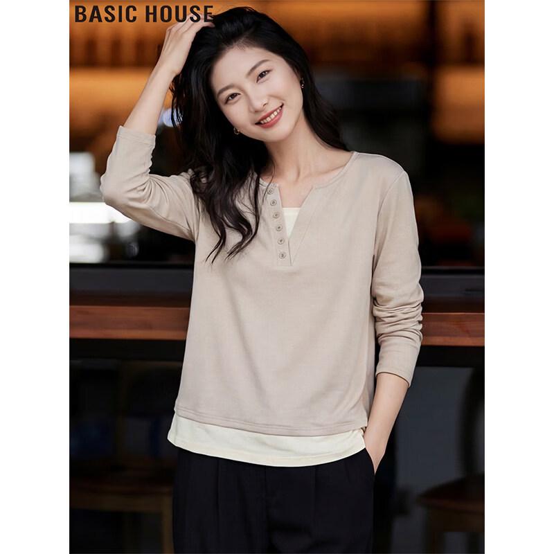 Basic House Women s Faux Two-Piece V-Neck Long Sleeve T-Shirt XL