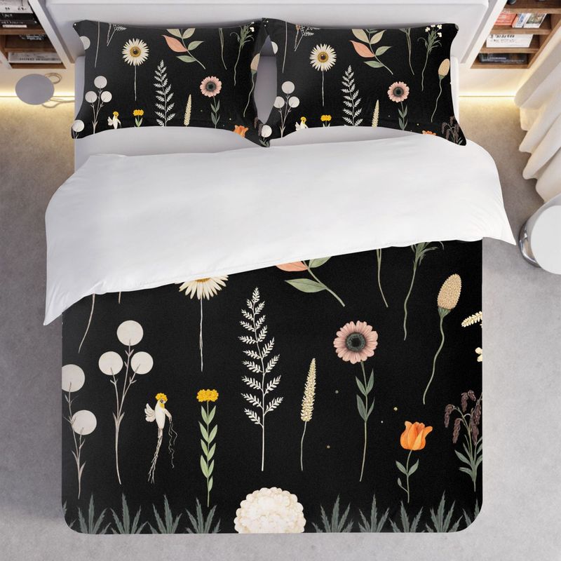 3-Piece Bedding Pillowcase Quilt Cover Set Black Background Soft Flower Plant 2D Digital Printing For Bedroom Dormitory Decor