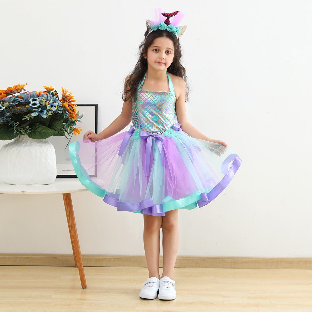 Abito Coda di Sirena Europeo & Americano con Copricapo - Tuta Elegante in Rete per Bambina con Fodera Interna