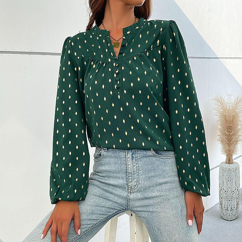 Woman Clothing Fashion Casual Tops Shirts Fashionable and Casual Temperament Fall and Winter Women's Long-sleeved V-word Open Collar Hot Gold Shirt