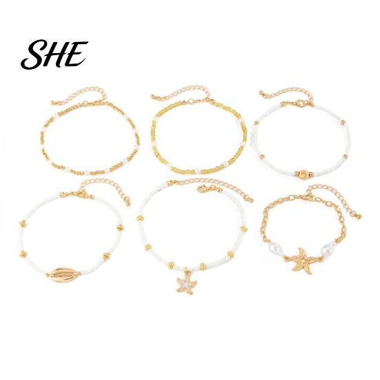 Bohemian Anklet Beach for Women, Starfish Shell Fish Tail Pendant Boho Jewelry Bracelet, Layered Faux Pearl Foot Chain Summer Vacation Charm