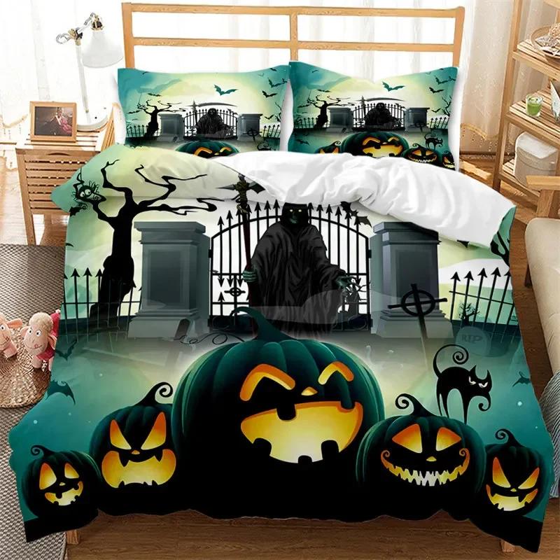 Cartoon Pumpkin Duvet Cover Gothic Halloween Skull Bedding Set Polyester Lantern Ghost Comforter Cover King For Boys Girls Decor
