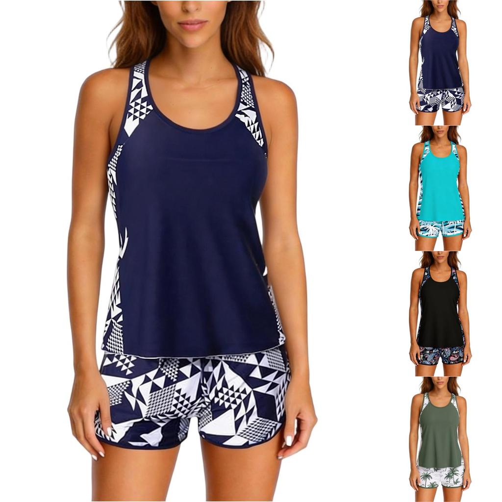 Women Two Piece Athletic Swimsuit Tank Top and Boyshorts Set with Printed Design Soft Fabric Quick Drying Swimwear for Outdoor Activities