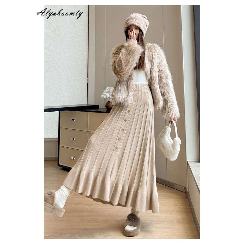 French Style Autumn Winter Women Knitting Skirt High Waist Beige Black Knitted Ruffles Skirt Elegant Feminine Split Ladies' Skirts Womens