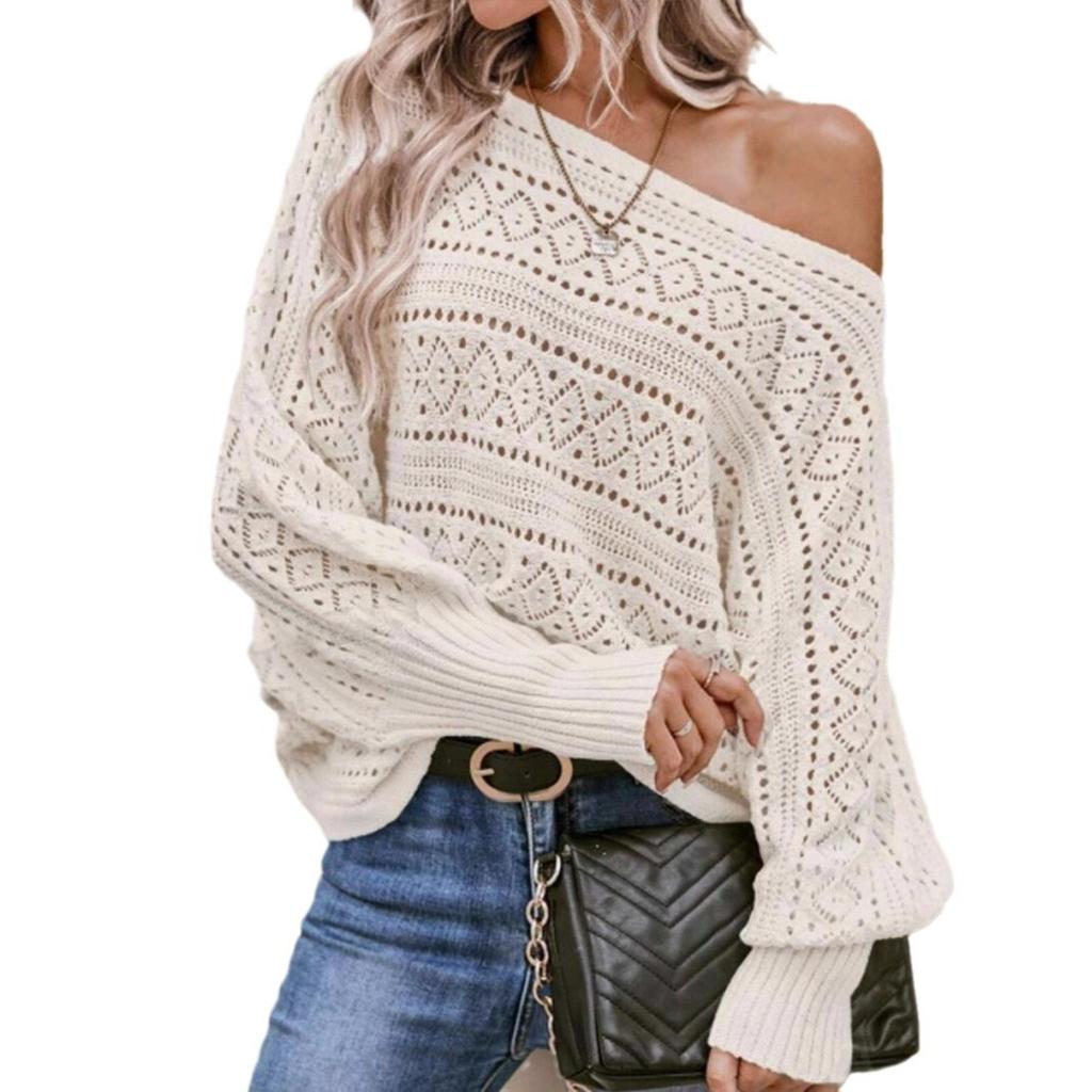 European and American lazy wind women's crochet hollow knitted sweater bat sleeve pullover one-word shoulder autumn and winter sweater