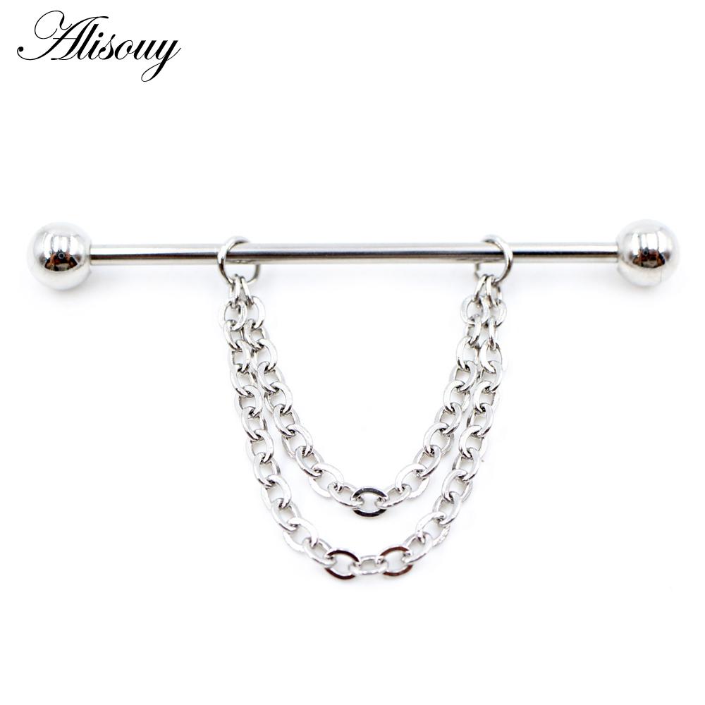 Alisouy 2 st Runda Kulkedja Lång Rostfritt Stål Industriell Hantel Öronbrosk Örhängen Rak Stift Piercing Kroppsmycken