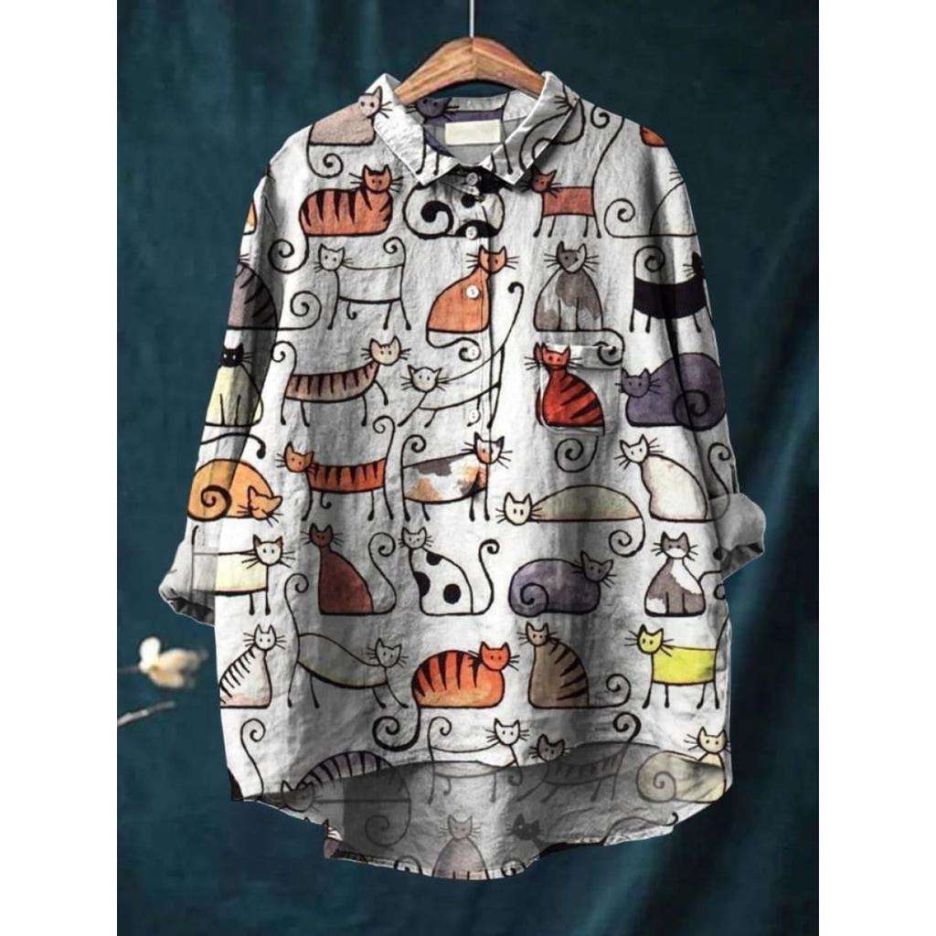 Ladies' Casual Loose Fit Floral Printed Button Up Shirt -Fish School Pattern