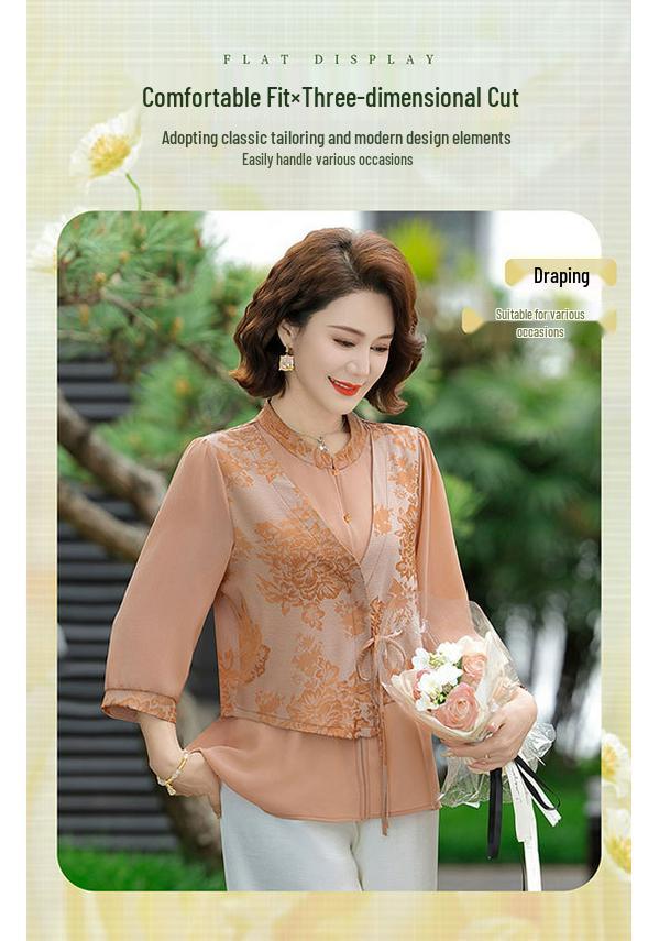 2026 Floral Summer Set for Middle-aged Women: Chinese Style Shirt Blouse