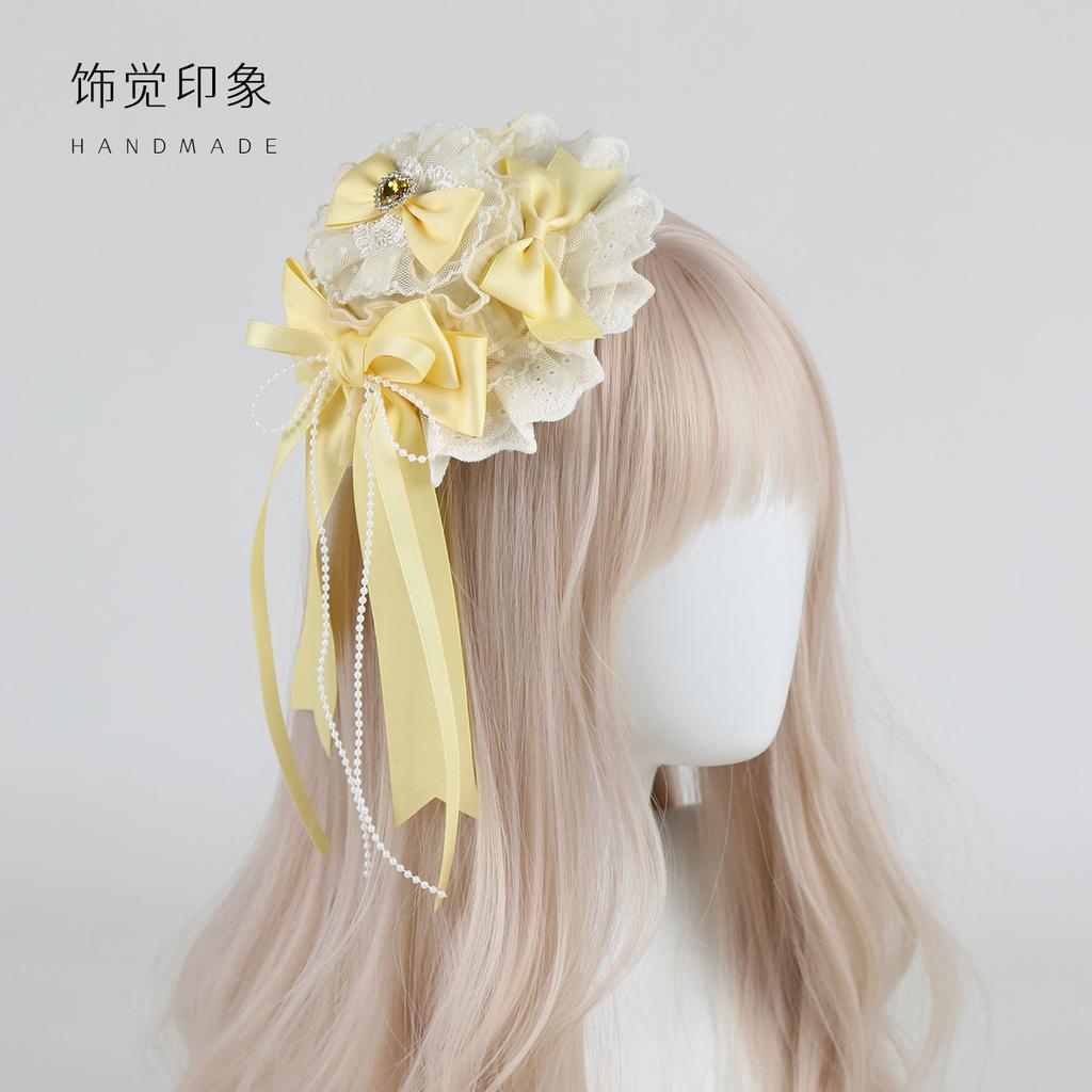 Pearl Bow Headband Top Hat Set Original Cream Lolita Handmade Small Things Lace Rose KC Headband