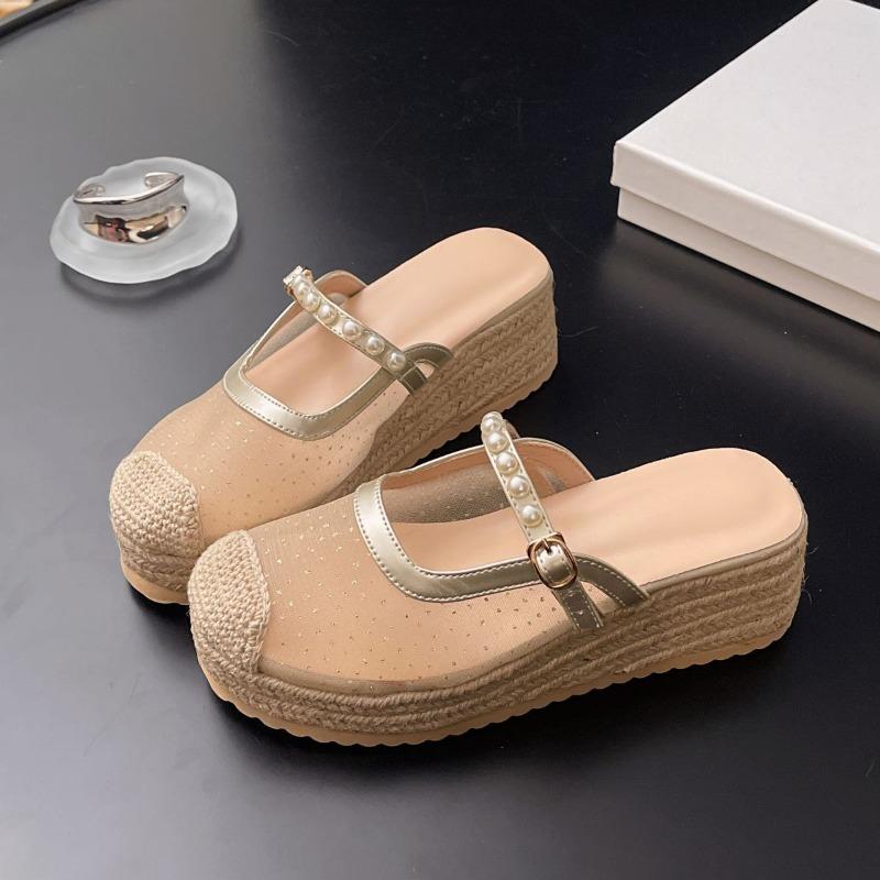 New Summer Style of Women's Flip-flops, New Chinese-style Thick-soled Pearl Toe Half-drag Straw Woven High-heeled Women's Shoes