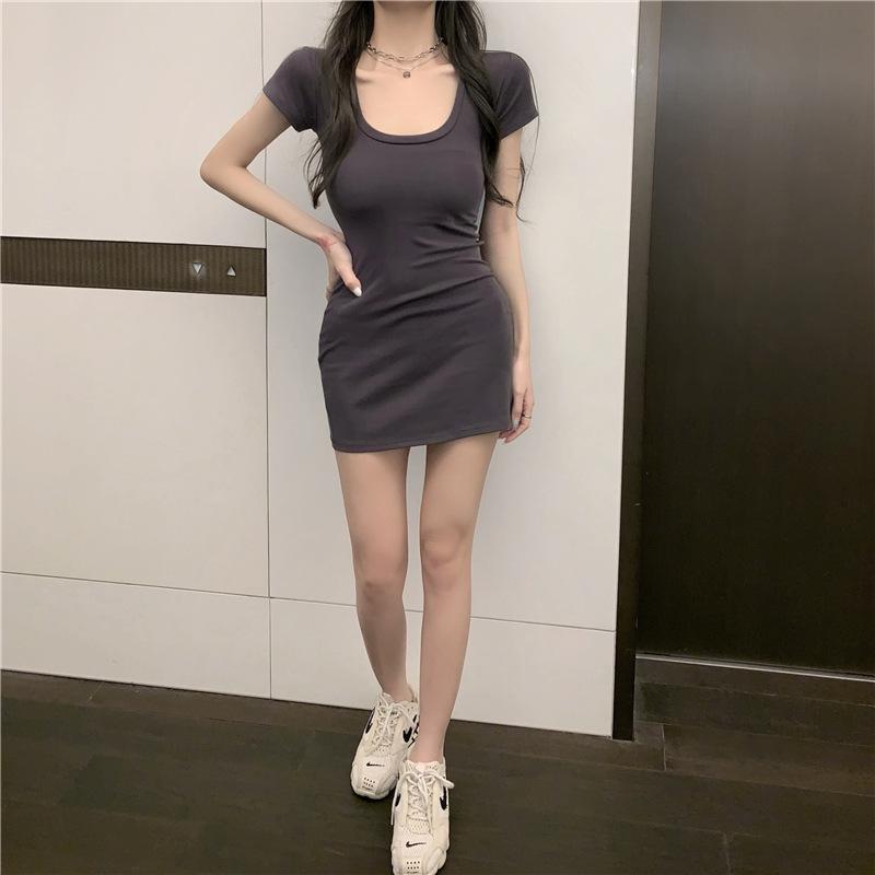 Retro slim fit and thin round neck edge high waist and thin pure desire dress Spice girl hip wrap short skirt versatile
