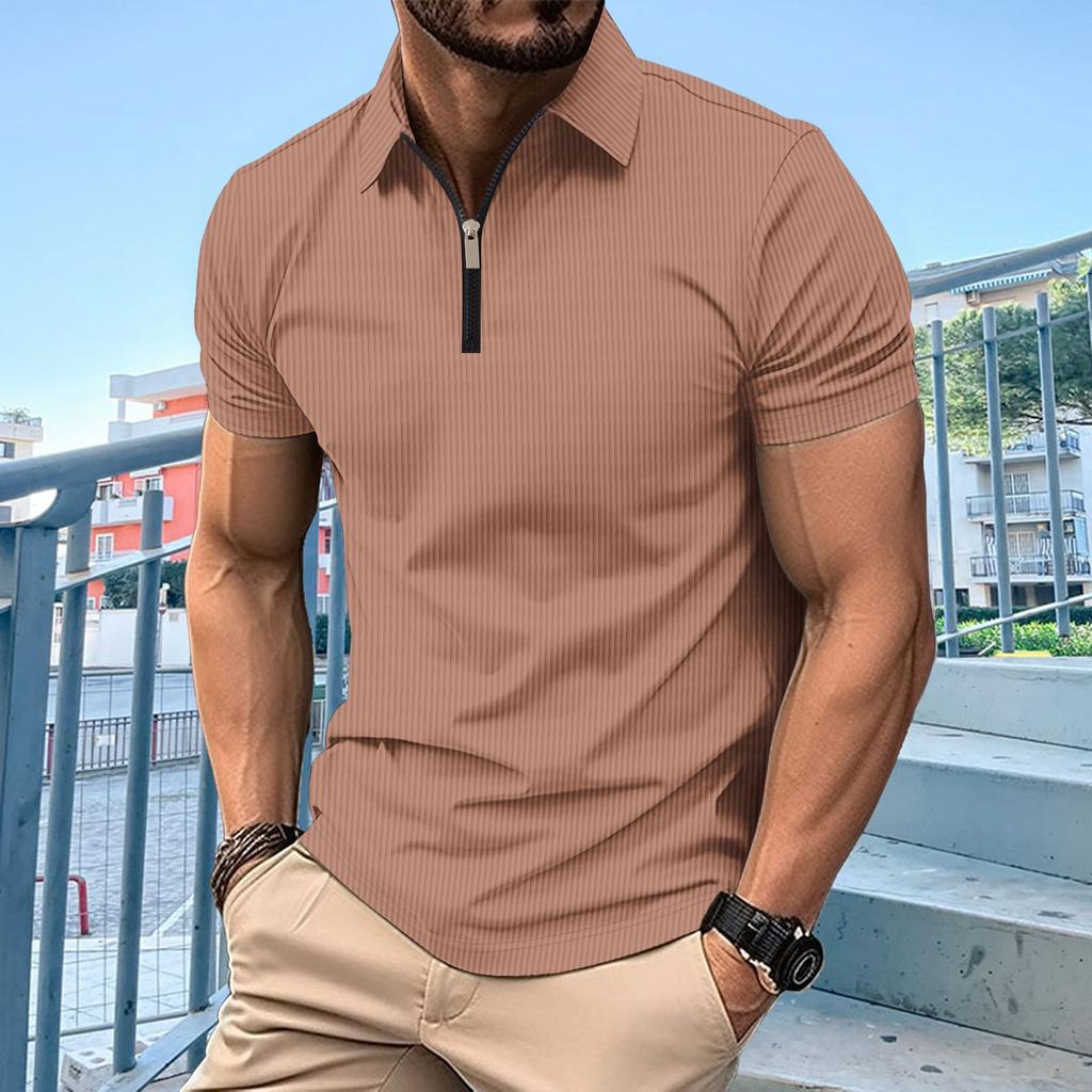 Men's Polo Shirt Zipper Solid Color Short Sleeved T-shirt