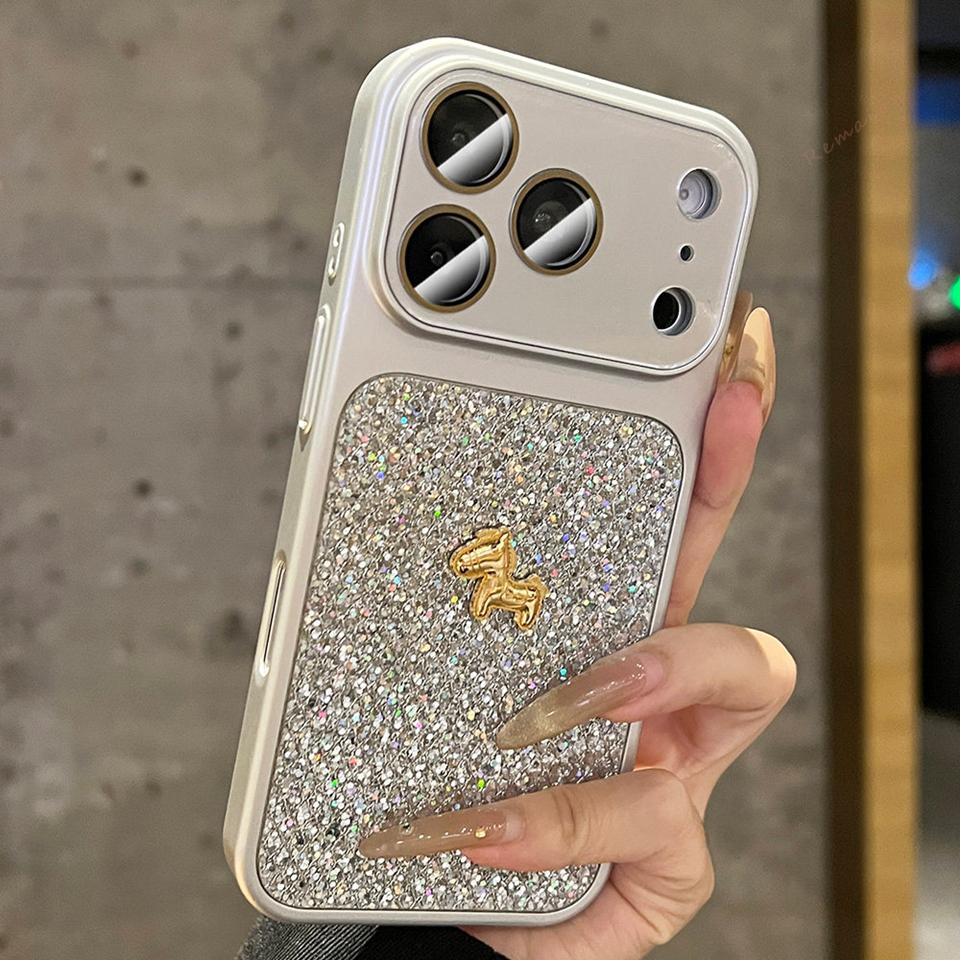

Official Horse Phone Case For iPhone 15 14 13 16 17 Pro Max 17Pro 16Pro Bling Bling Glitter Camera Shockproof Protector Cover For iPhone 16