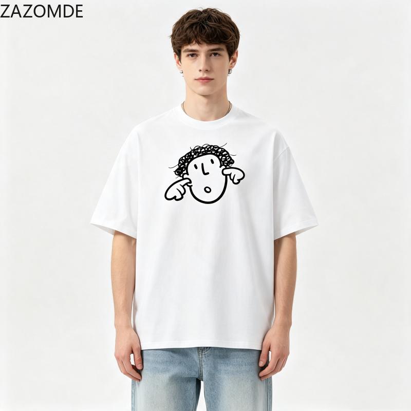 ZAZOMDE 2026 Casual Hip Hop Unisex Tshirt Funny Hand Drawn Surprised Curly Character Print Short Sleeve Loose Daily Wear Tees