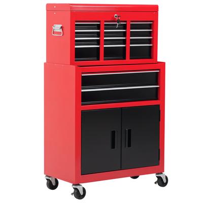Tool Cabinet with Tool Chest, Rolling, 6 Drawers, Metal, Red