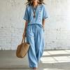 Damen Kurzarm-Oberteil mit Knopfleiste und Hose mit Kordelzug, Zweiteiler, Lässiges lockeres Outfit in Unifarbe