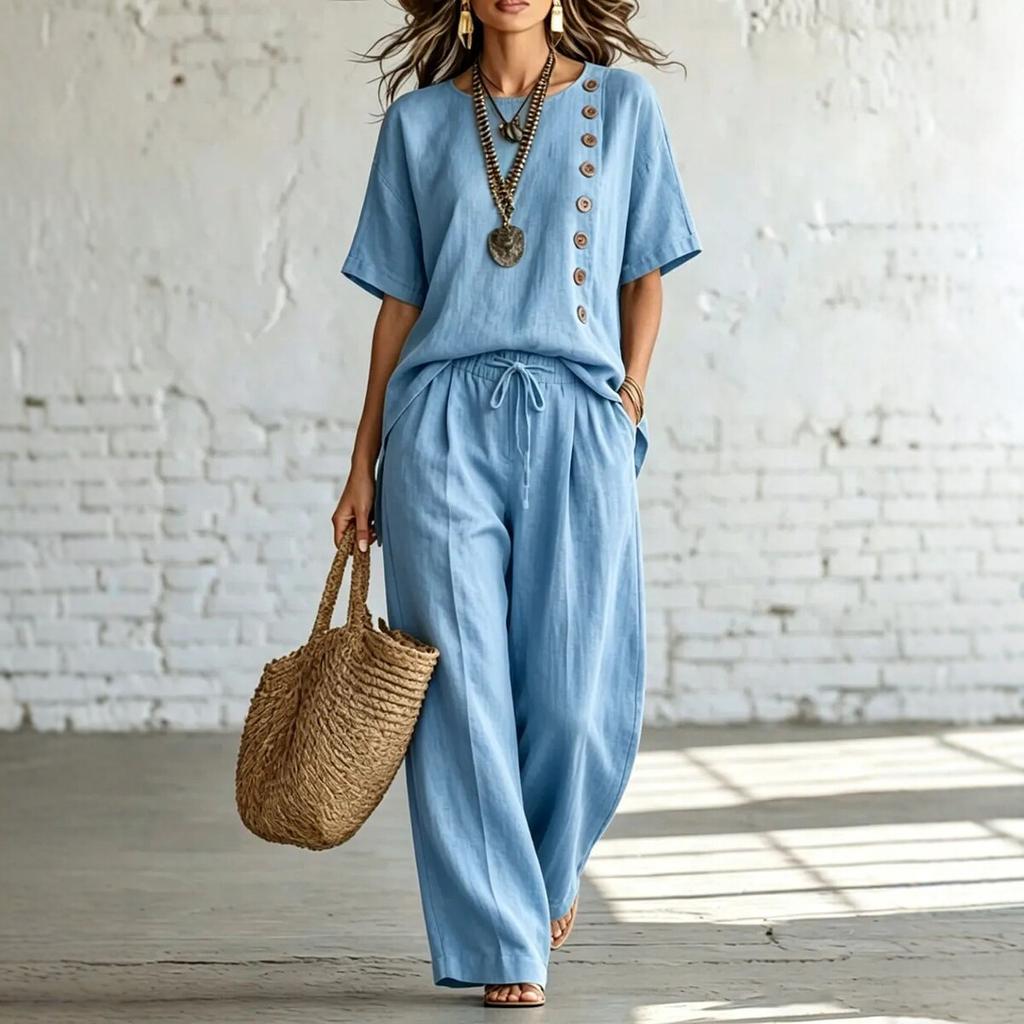 Damen Kurzarm-Oberteil mit Knopfleiste und Hose mit Kordelzug, Zweiteiler, Lässiges lockeres Outfit in Unifarbe