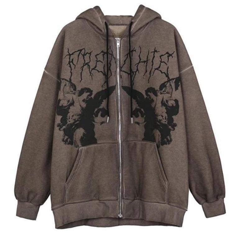 

Y2K Harajuku Goth Angel Dark Print Hip Hop Streetwear Hooded Zip Jacket Coat Women Men Unisex Hoodies Top Clothes XL