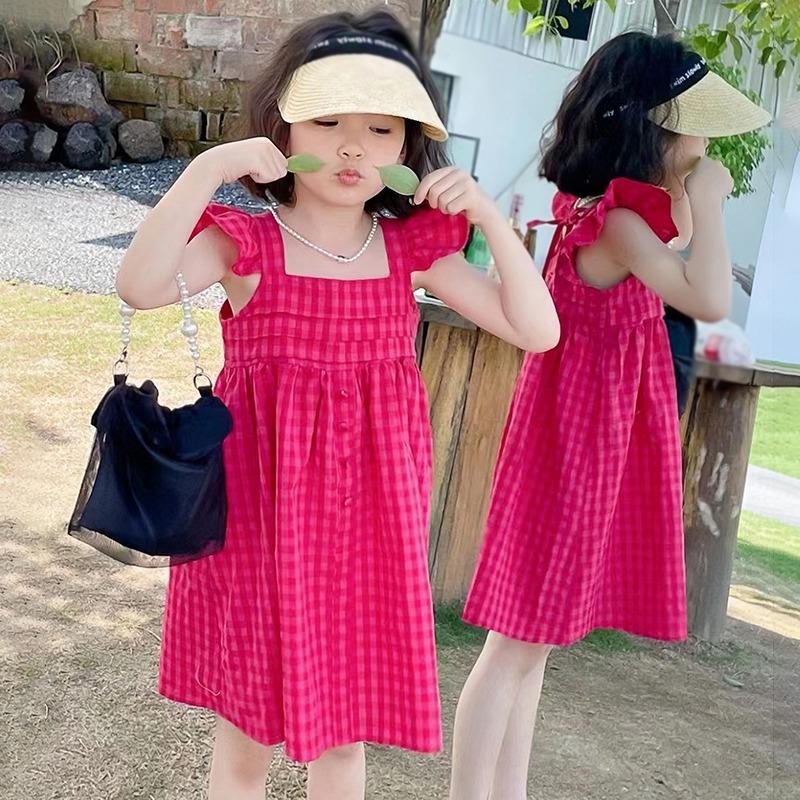 Kinder Mädchen Kleid mit fliegenden Ärmeln, quadratischem Ausschnitt auf der Rückseite, mit Schnürung, Prinzessinnenkleid