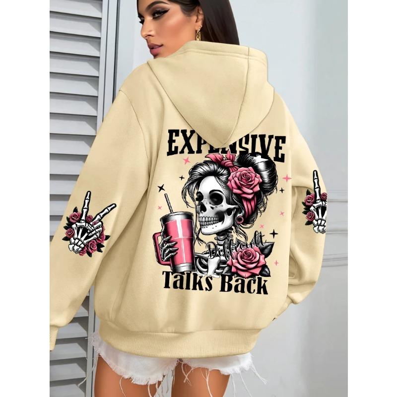 Felpa con cappuccio casual larga da donna, top stampato street fashion