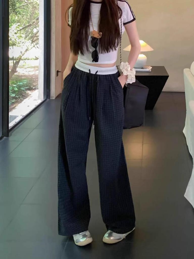 Petite 150cm American Color Block Plaid Wide-Leg Thin Summer Trousers - Women's Straight-Leg Sporty Casual Pants