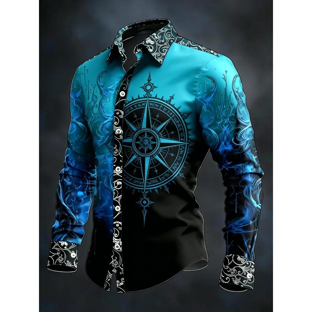 New Black Gold Gradient Peony Print Men's Long Sleeved Shirt, Light Luxury Business Casual Shirt Clothing