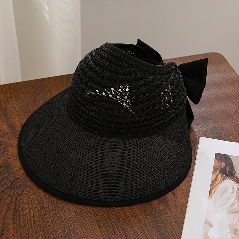 Summer sun hat women's Korean version fashionable bow top sun hat outdoor travel straw woven large eave sun hat