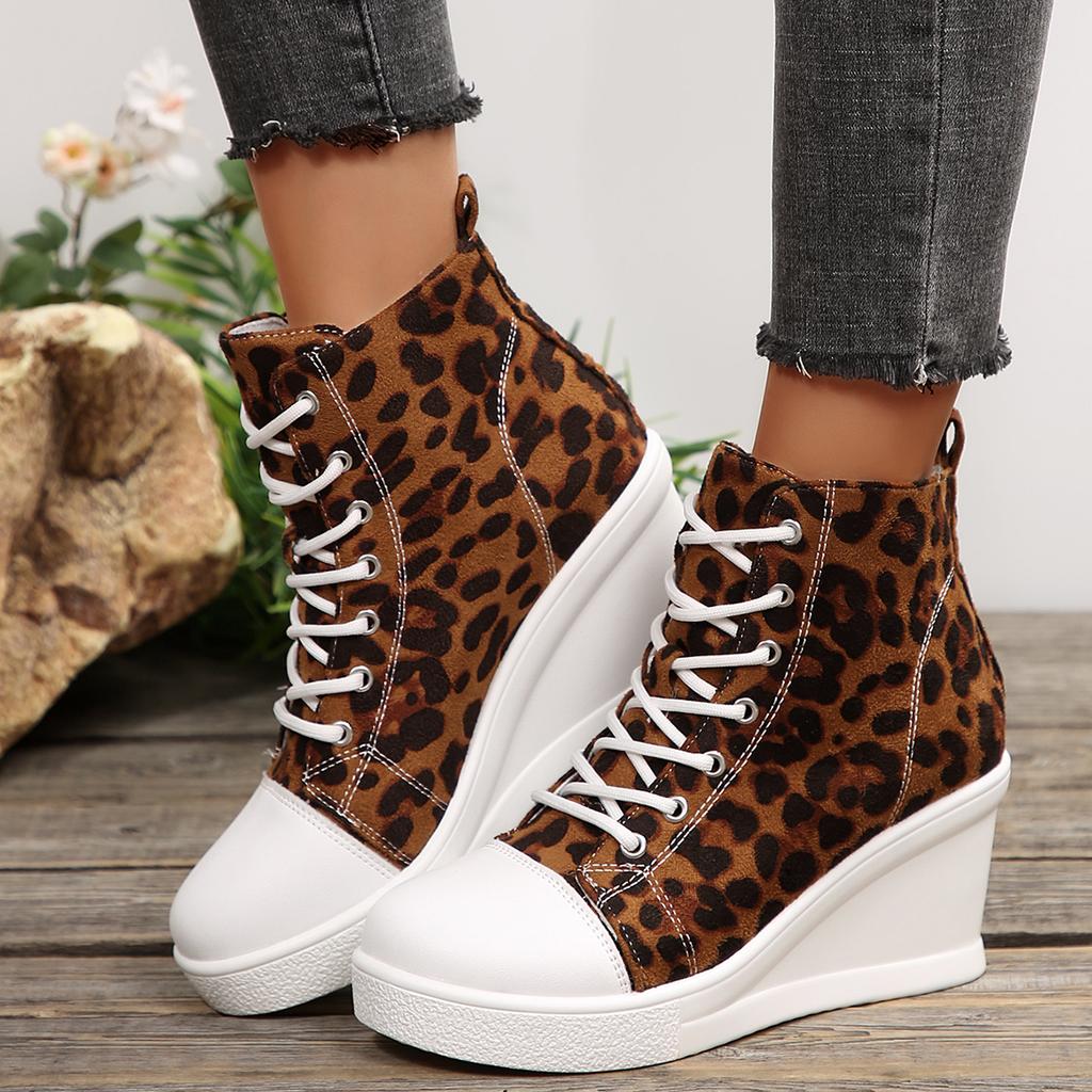 Women Canvas Shoes Platform Sneakers Leopard Design Heels Skateboard Lace Up Casual Shoes Fashion Outdoor Sneakers Plus Size 42