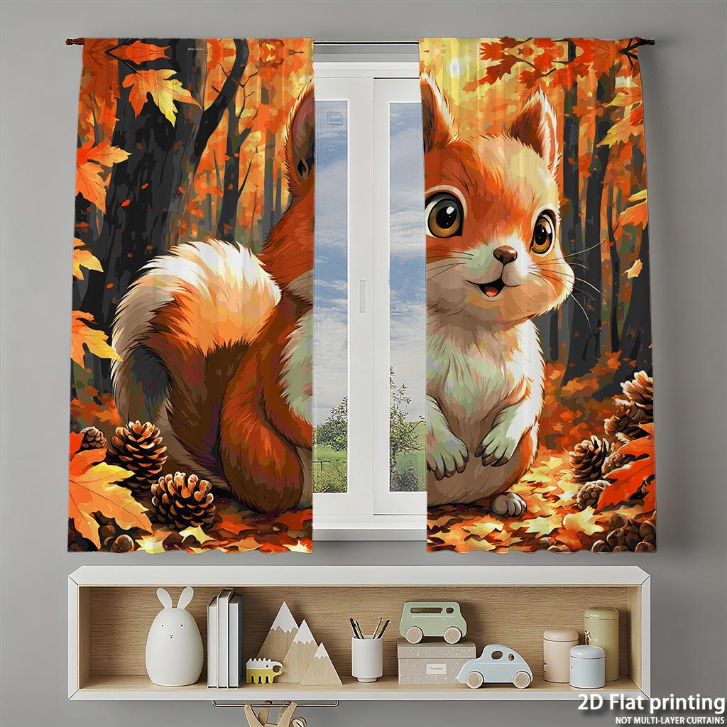 Piece Set High Definition Digital Printed Curtainsautumncolorfulsquirrelwithmapleleavespineconesforeststylehome Decoration Curtain Polyester Washable