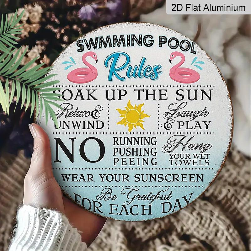 2D Flach, 1 Stück 7,87x7,87 Zoll Rundes Französisches Aluminiumschild, Vintage Dekorative Plakette für "Poolregeln", "Pool-Erinnerung" Dekoschild, Geeignet für