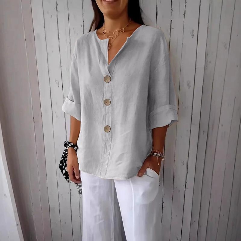 2026 Women's Loose V-Neck Cotton Linen Button Top - Comfortable Casual Summer T-shirt