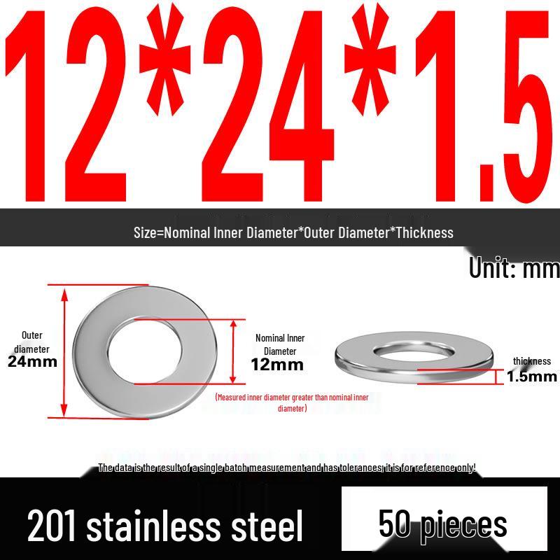 201 Stainless Steel Flat Washer Shim, GB97, Sizes M3 to M30