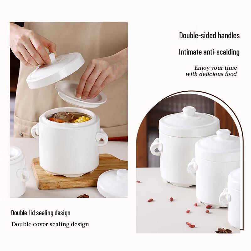 Baijie Ceramic Double-Lid Double-Boiler Stew Pot