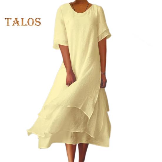 

Женское платье-миди с круглым вырезом и короткими рукавами, многослойное однотонное платье с разрезом и подолом, свободное повседневное платье M жёлтый