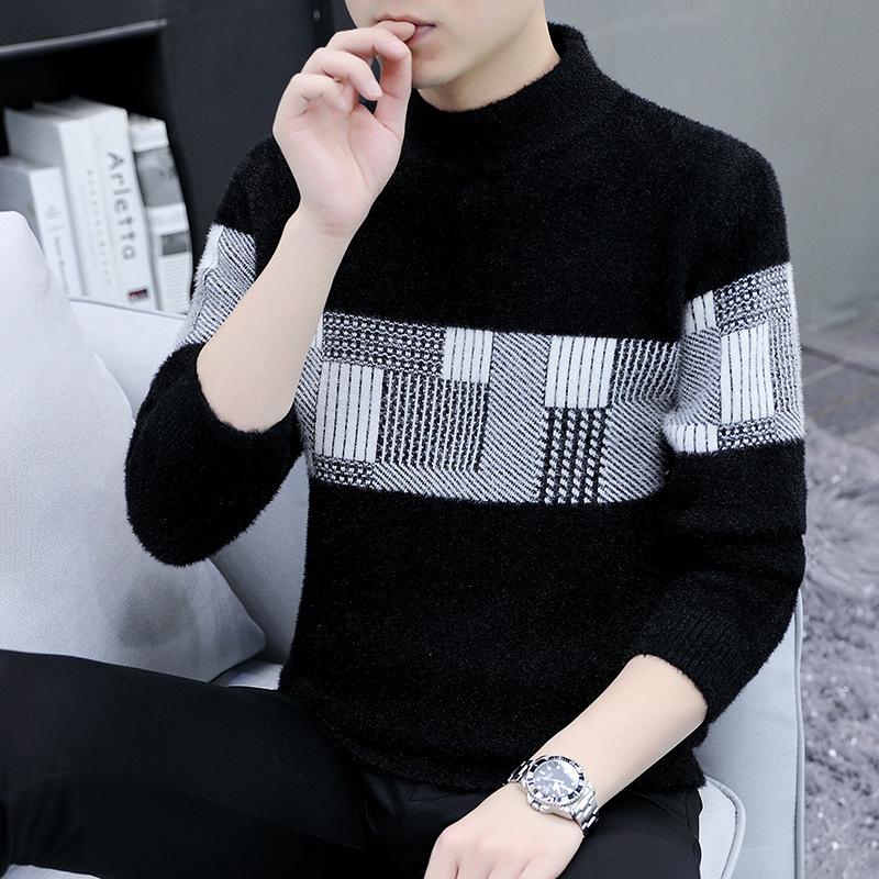

Мужской зимний свитер из норковой шерсти с полувысоким воротником. Новый плюшевый и утолщенный базовый свитер для защиты от тепла, вязаный свитер для зимней одежды.