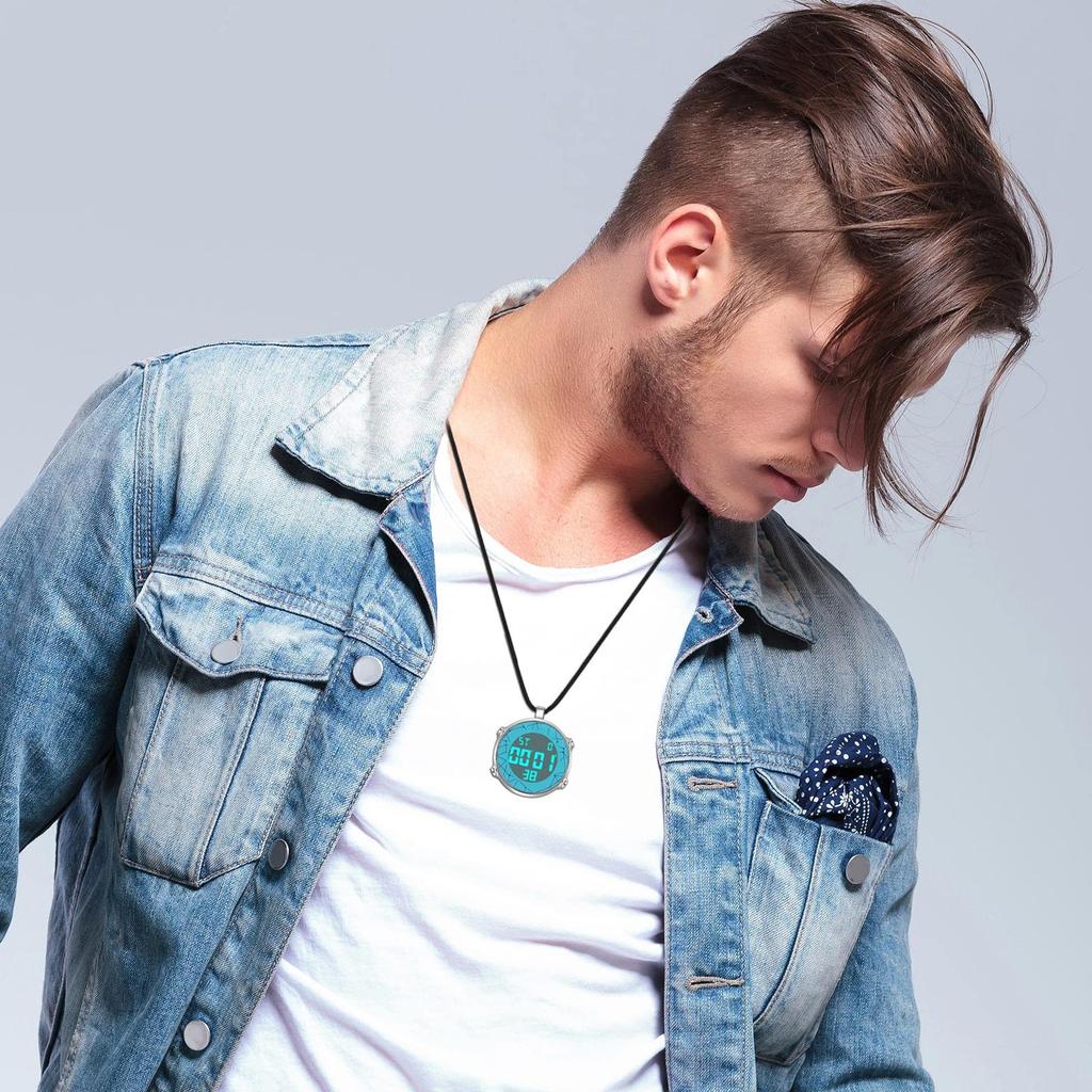 Pocket Watch Digital Pendant Watch Necklace Leather Chain 3ATM Waterproof Calendar Day of the Week Stopwatch Stylish Silver Fashion Accessory Men's