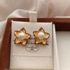 Vintage Five-Petal Floral Pearl Stud Earrings, Light Luxury, Niche, Simple Fashion, Light Luxury, Elegant Foreign Design, High-End