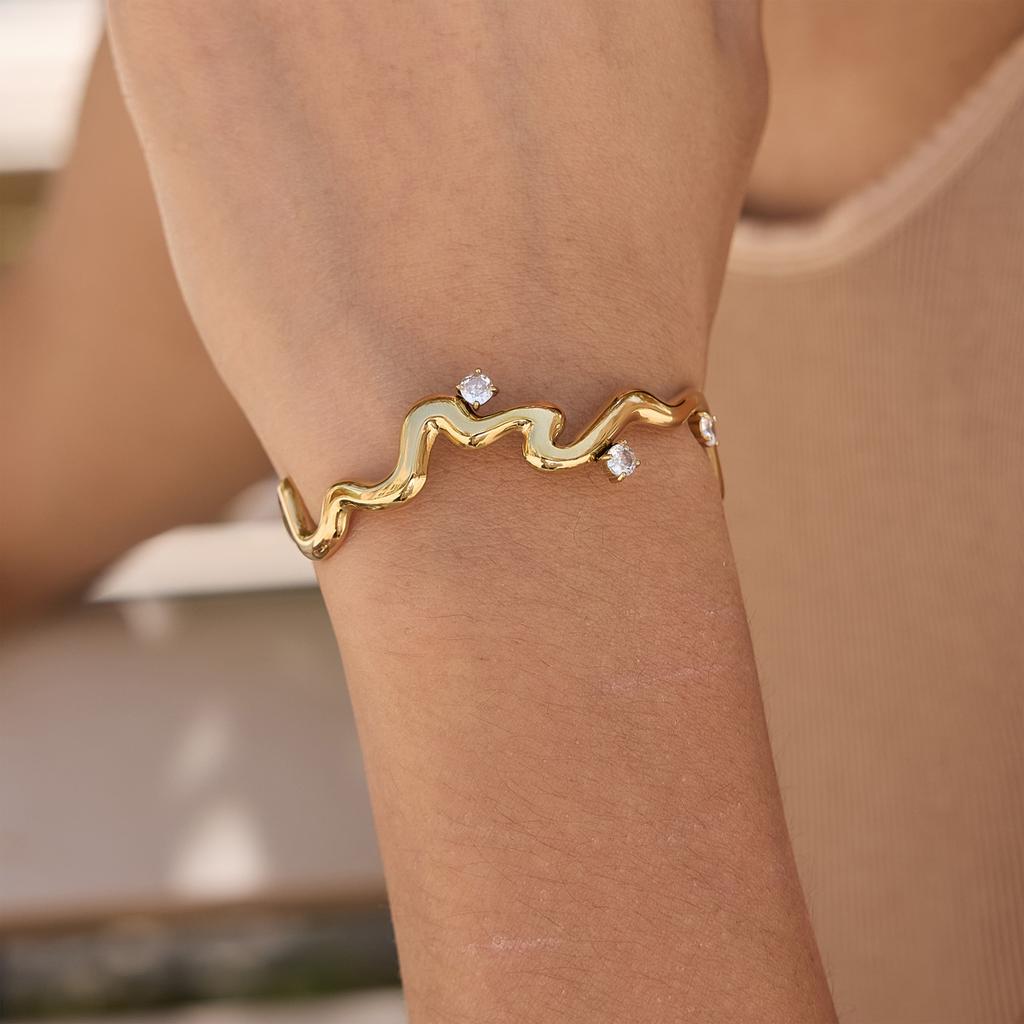 Youthway 18K Gold PVD Plated Wave Zircon Open Bracelet For Women Trendy Stainless Steel Waterproof Cuff Bangle Jewelry Gifts