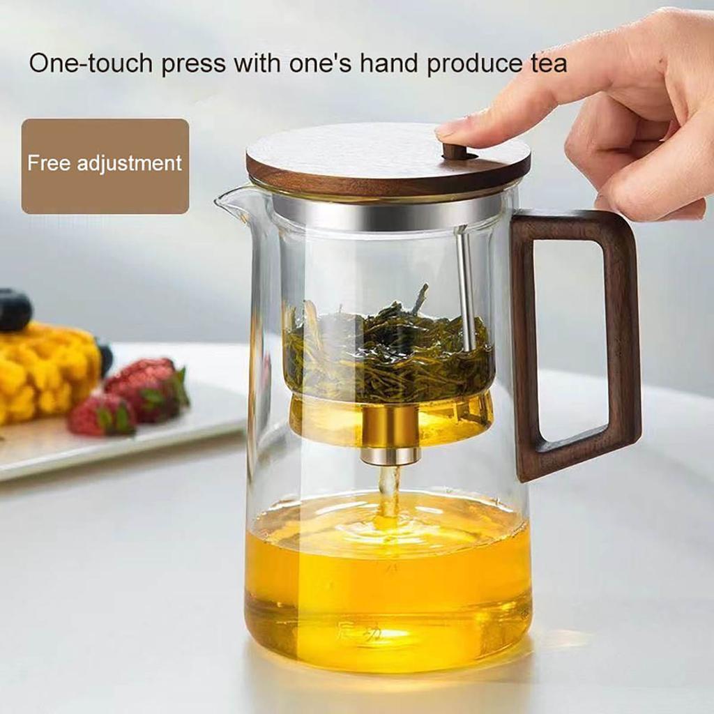 1PC Push-button Glass Filter Teapot With Walnut Wood Handle Full Glass Liner Tea-water Separation Tea Cup For Home Drinkware