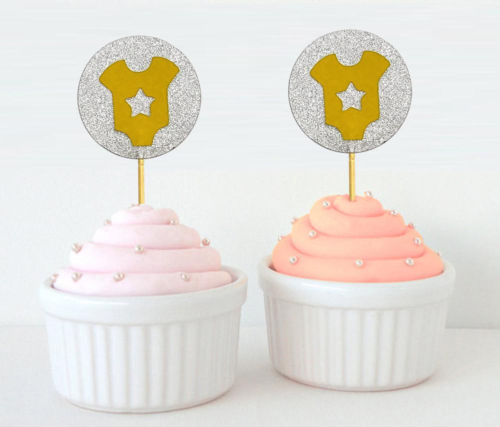 Darling Souvenir, Glitter Baby T-Shirt Baby Shower Cupcake Toppers, Dessert Decorations